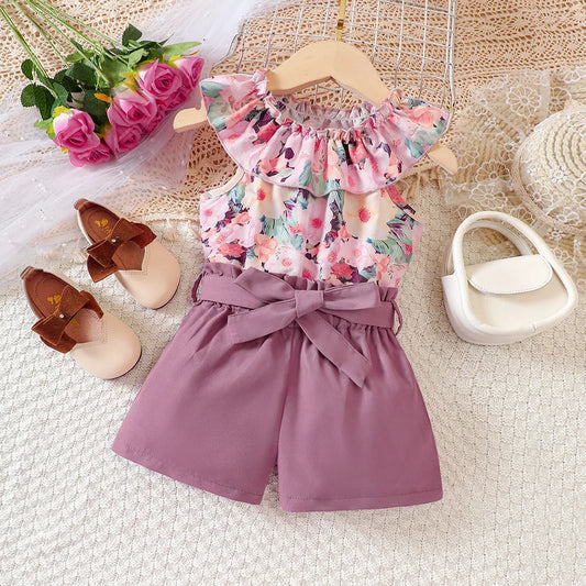 Kids Casual Summer Clothing Sets Outfits for Girls 2026 New Toddler Floral Print Ruffles Tops Short Pant Fashion Children 1-8Y