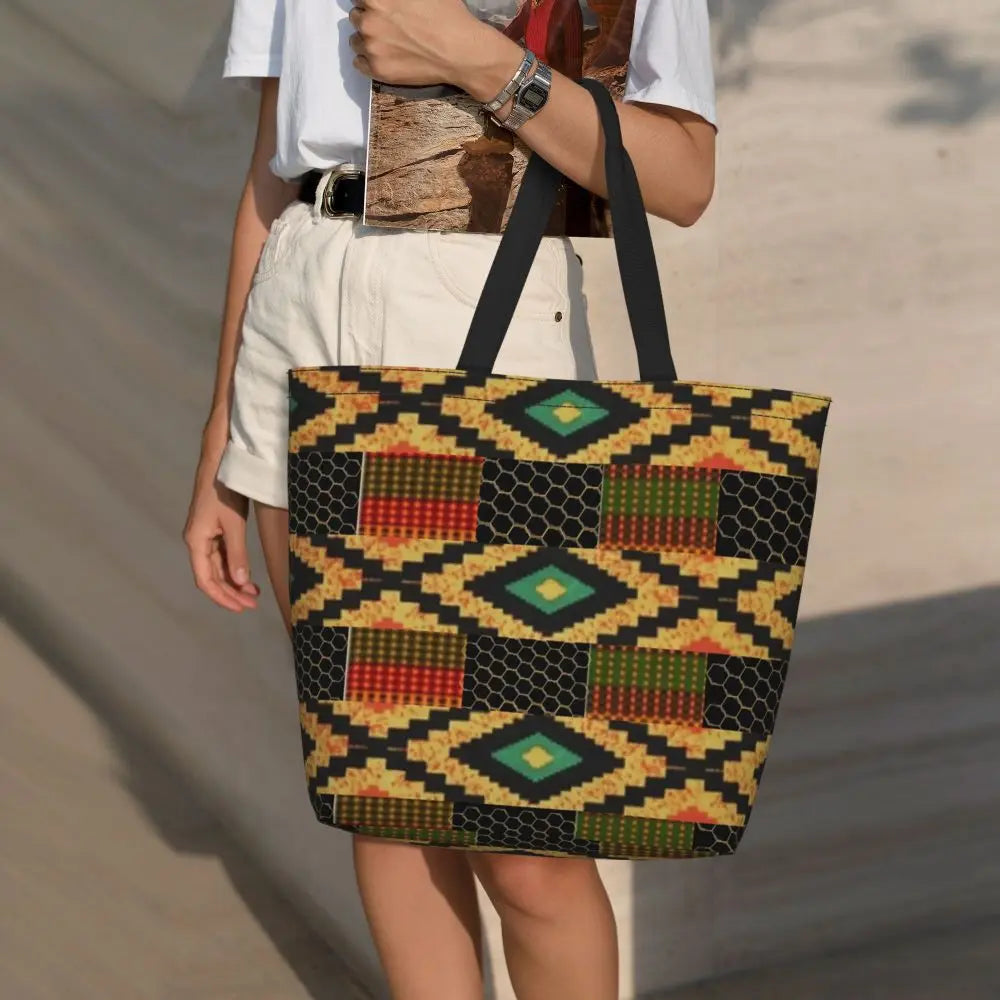 African Ankara Prints Grocery Shopping Tote Bags Women Geometric Ethnic Art Canvas Shoulder Shopper Bags Big Capacity Handbag