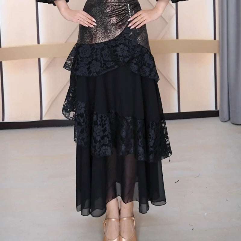 Women New Ballroom Dance Competition Clothing Black Long Sleeve Top Big Swing Skirt Suit Waltz Foxtrot Tango Modern Dance Dress
