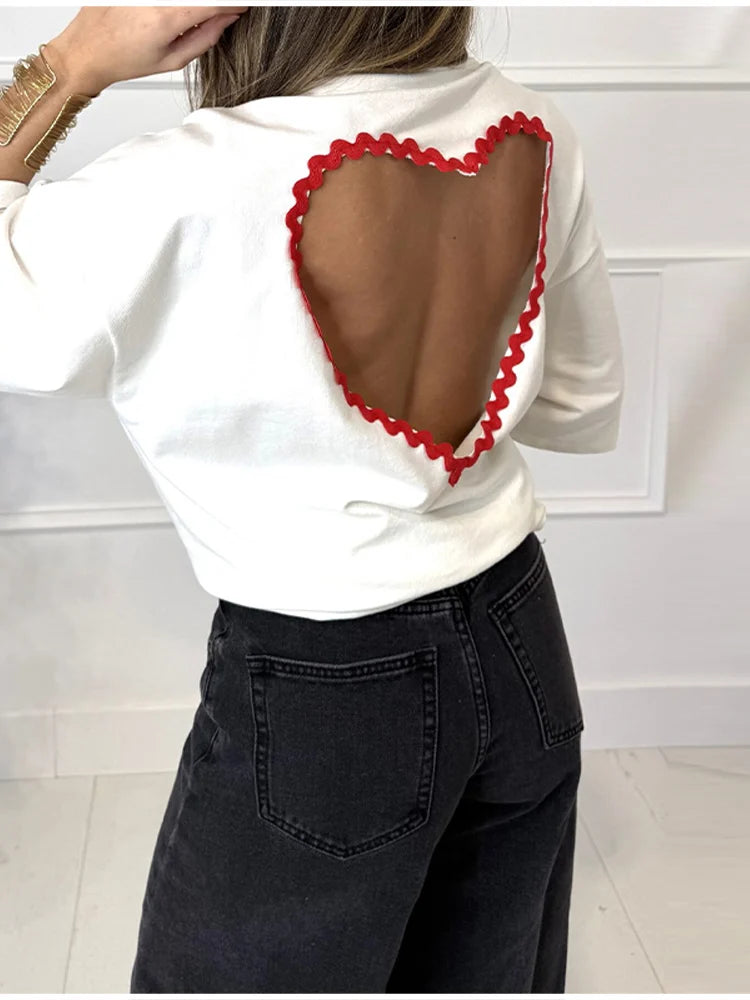Y2k Style White Oversized T Shirt Women Fashion Backless Heart Cutout Red Trim Half Sleeve Tops Summer Casual Streetwear Outfits