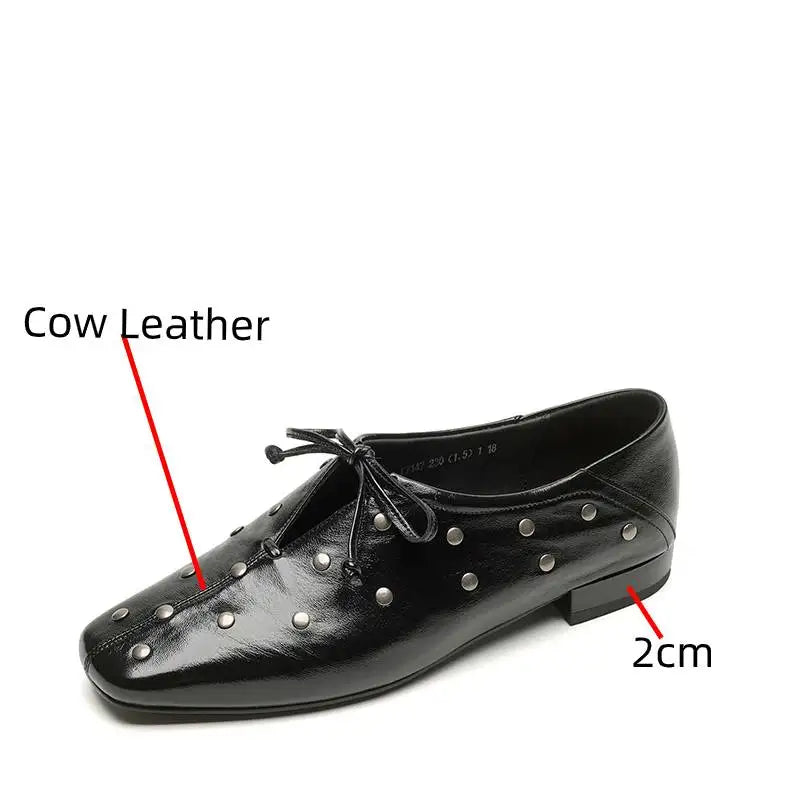 Dilalula 2025 Spring Genuine Leather Rivet Pumps Women Lace Up Low Thick Heels Soft Back Young Women Leather Leisure Pumps