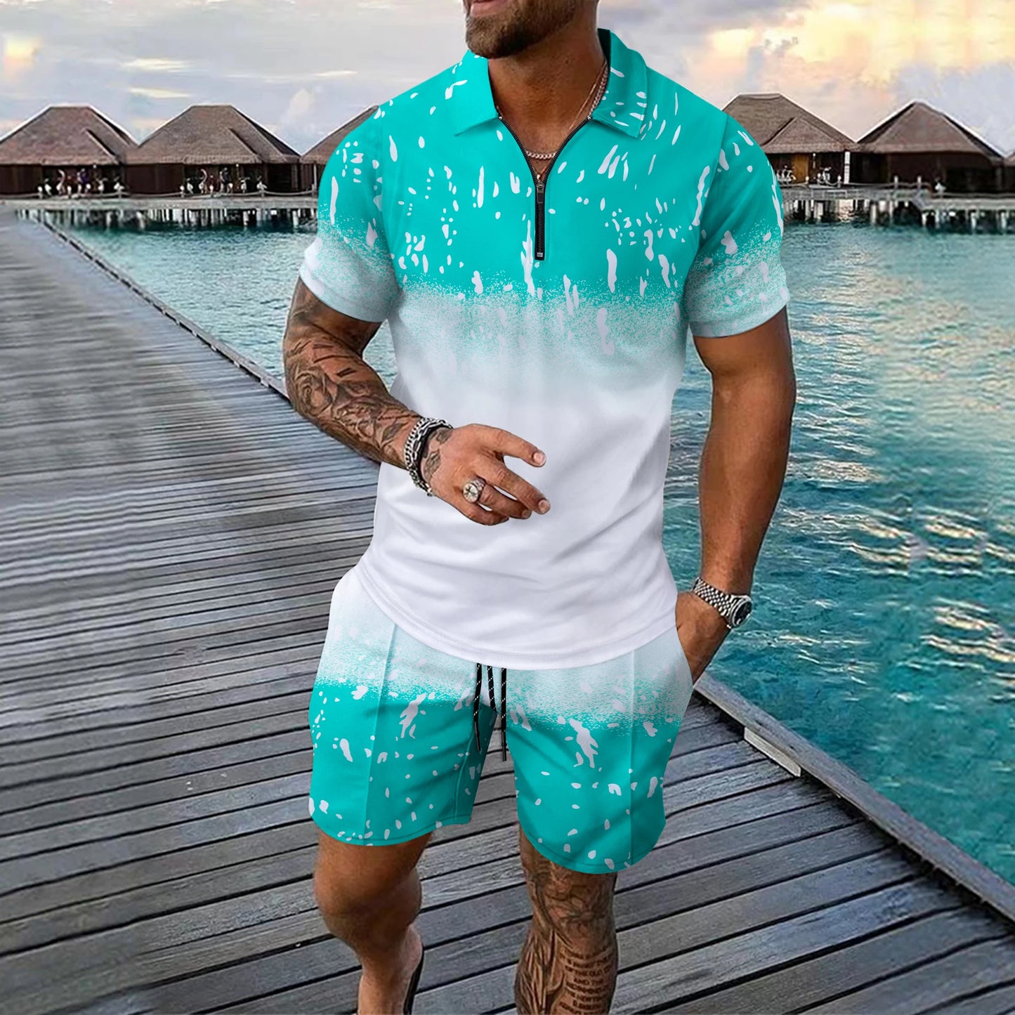 Interesting Men's Short Sleeved Set 3D Checkered Printed Fashionable Zipper Polo Shirt Suit Loose Summer T-shirt Set Ropa Hombre
