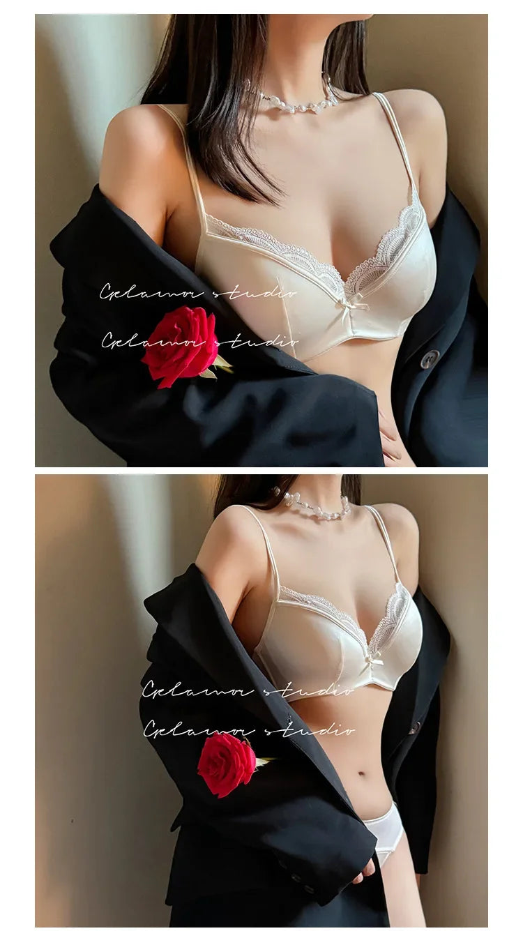 French Women's Lace Seamless Underwear Women's Thin Summer Sexy Lace Satin Anti-sagging Push-up Bra Set Underwear Women Set