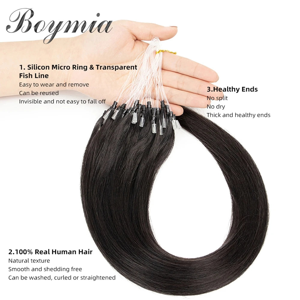 Boymia Micro Loop Human Hair Extensions 12" 16" 20" 24" Natural Straight Hair Rings Micro Link 0.5g/strand