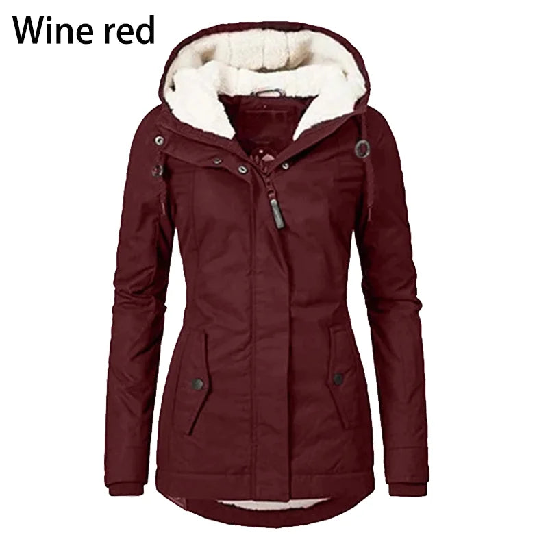 Winter warm coat Women's solid plush thickened jacket Outdoor hiking hooded windproof parka coat