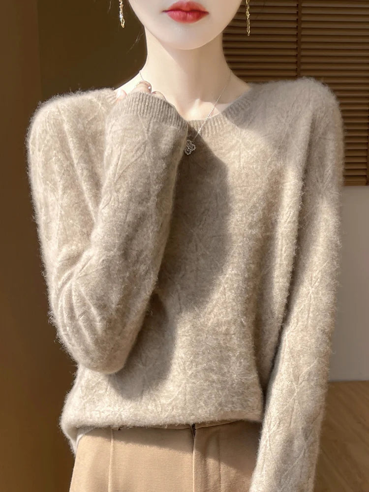 Women 100% Merino Wool Sweater Casual Hollow out Cashmere Blouse O-neck Pullover Tops Autumn Winter Warm Knit Woman Wool Sweater