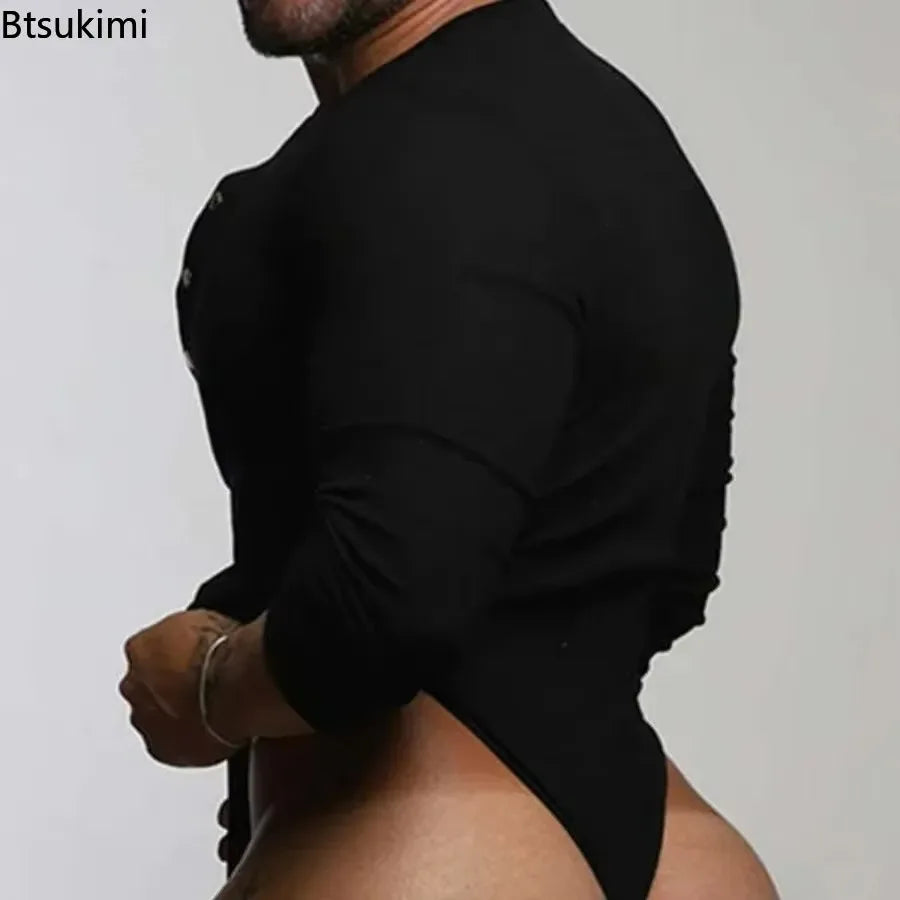 Sexy Home Style Men Rompers Deep V-neck Breathable Stretch Solid Simple Jumpsuits Casual Fashion Long Sleeved Triangle Bodysuits