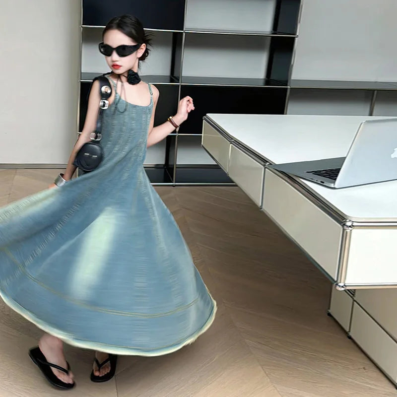 Kids Luxury Clothing Summer Denim Dress with Straps for Teenage Girls High Fashion Streetwear Outfit Children Casual Jeans Dress