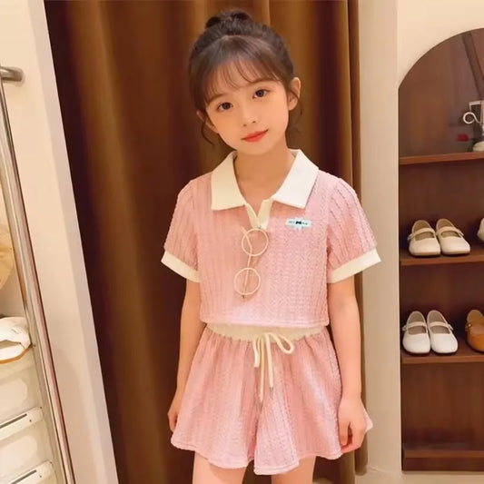 Baby Girls Sets Children Summer T-shirt Suit Casual Thin Kids Turn-down Tops+Shorts 2Pcs Outfits Toddler Short-sleeve Clothing