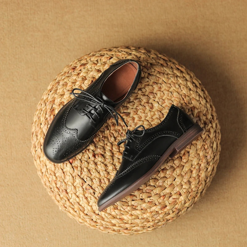 Women's New Round Head Burnt Flower Inner and Outer Leather Cowhide Lace up Large Low Heel Block Oxford Shoes