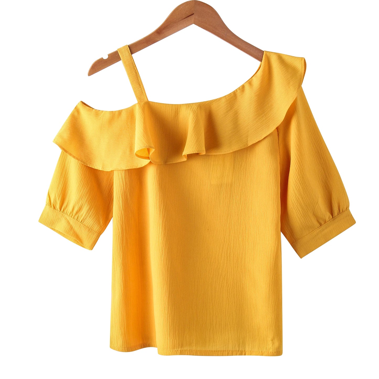 Women's One Shoulder Ruffles Chiffon Blouse Shirt Short Sleeve Pullover Acetate