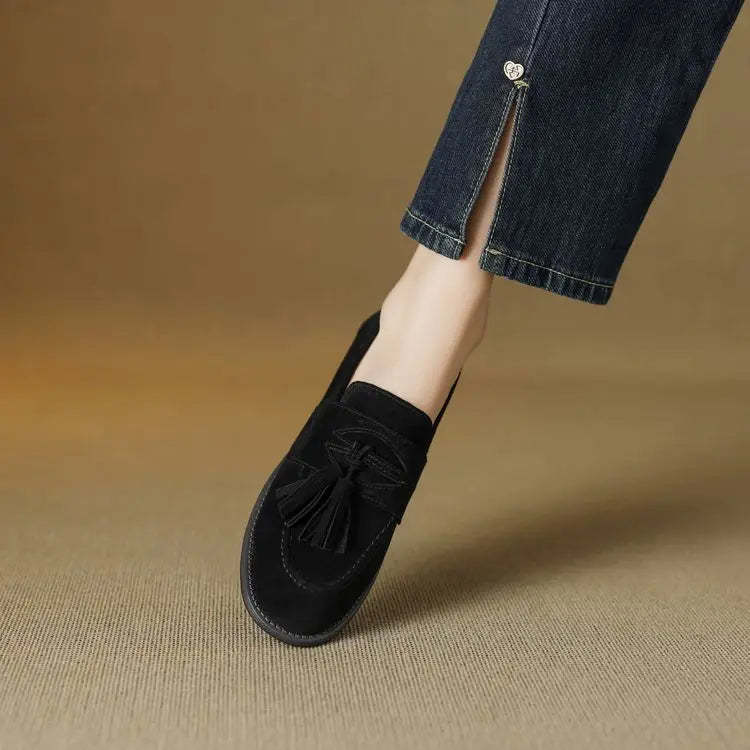Women's loafers leather shoes Spring New Products Genuine leather sheepskin Nubuck Leather Black/Green/Orange Tassel decoration