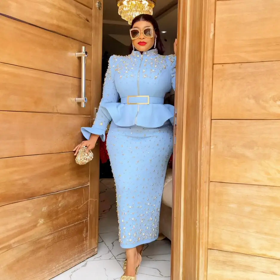 Fashion Suit African Dresses for Woman Rhinestone Turkey Dresses for Women Luxury High Quality Mesh Fabric African Beaded Dress
