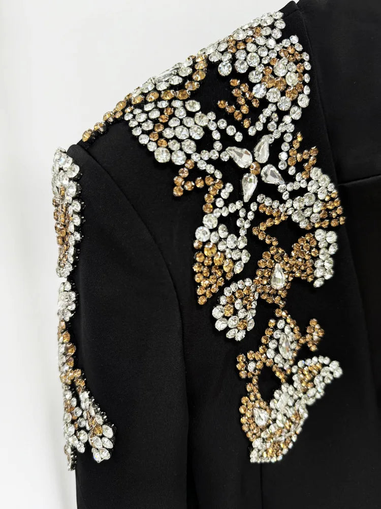 HIGH STREET Newest 2026 Designer Suit Women Beaded Diamonds Stand Collar Single Button Blazer Wide-leg Pants Set 2PCS