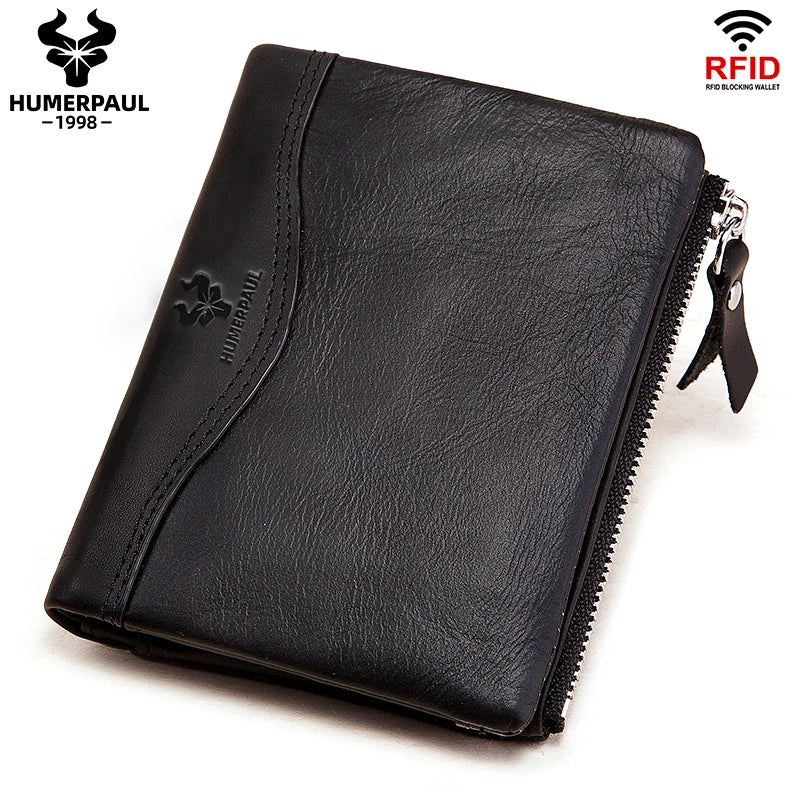 LAREET RFID Senior Short Wallet For Men Genuine Leather Wallets With Card Holder Bifold Zip Coin Pocket Small Billetera Hombre