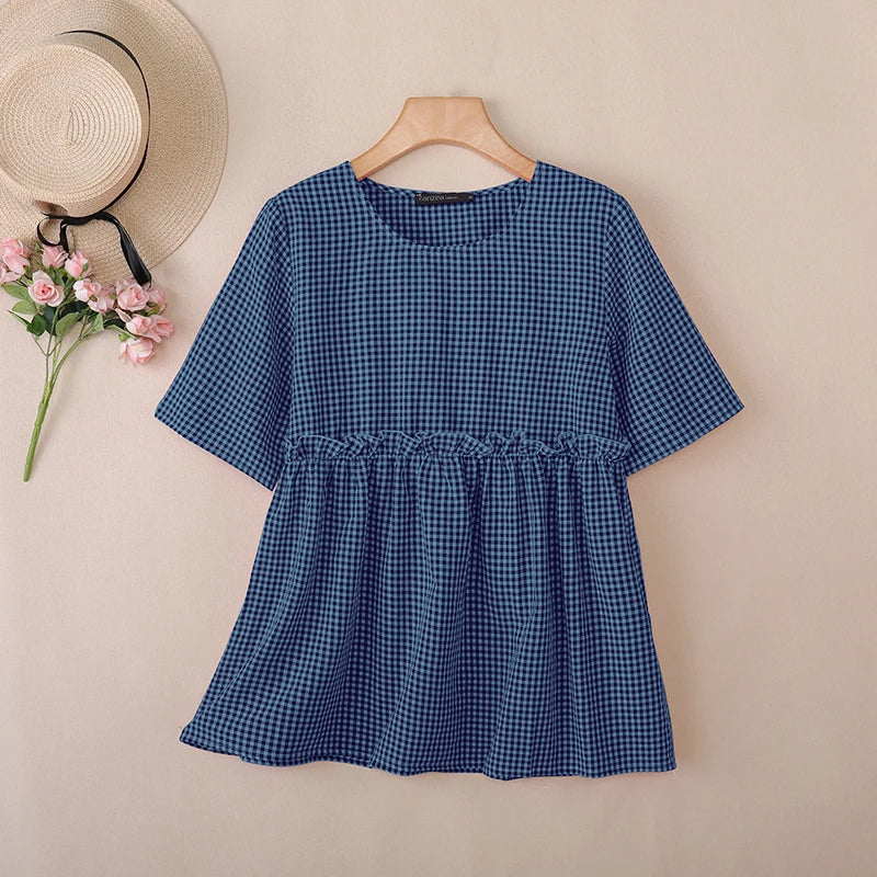2025 ZANZEA Women Plaid Checked Blouse Summer Casual O Neck Short Sleeve Blusas Loose Tops Stylish Ruffled Work Shirt Oversize