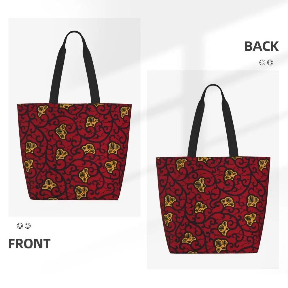 African Ankara Prints Grocery Shopping Tote Bags Women Geometric Ethnic Art Canvas Shoulder Shopper Bags Big Capacity Handbag