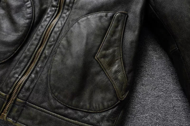 American Leather Jacket Men's Motorcycle Jacket Retro Distressed Graphite Olive Green Slim Lapel Jacket New Style