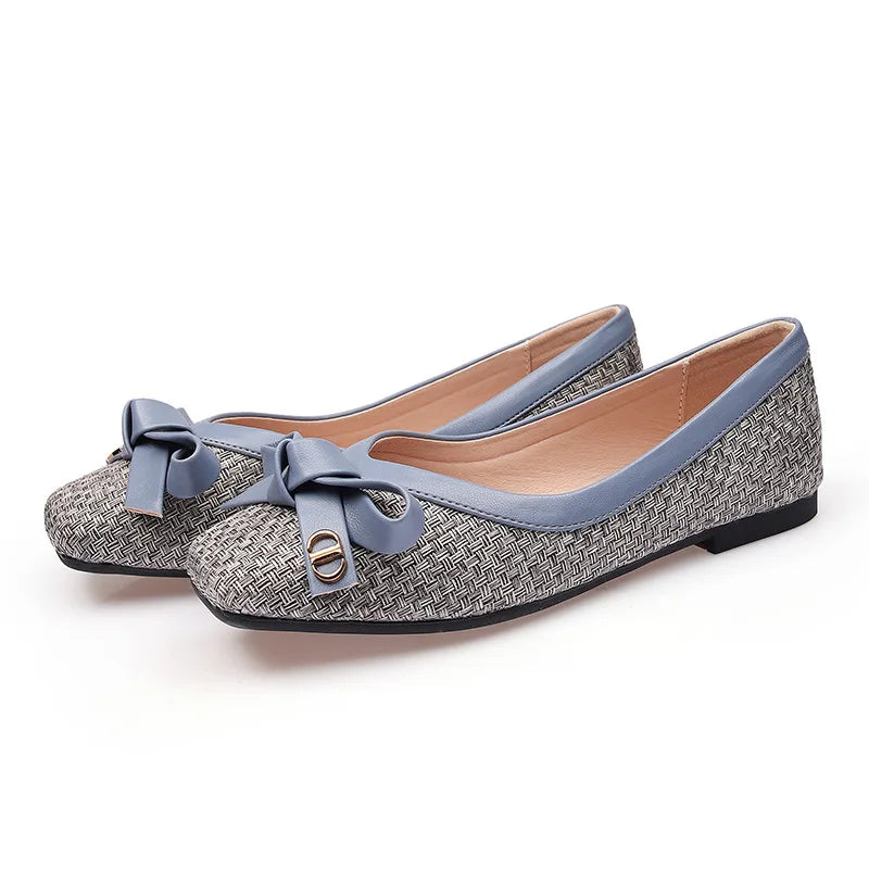 Women's Shoes 2025 New Woven Bow Square Toe Women's Ballet Flats Female Soft Sole Large Fashion Women's Shoes Chaussure Femme