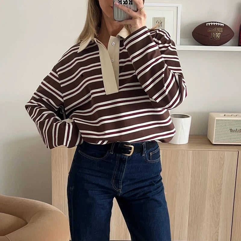 Combhasaki Women Y2K Vintage Retro Sweatshirts Long Sleeve Lapel Button V-Neck Pullover Top Loose Striped Rugby Polo Tee Shirts BAZAARHUBO