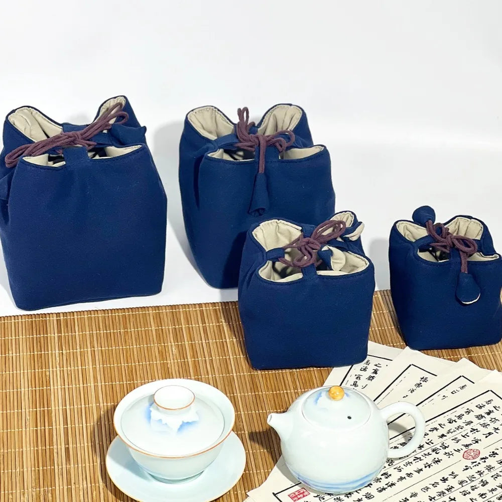 Chinese Style Tea Set Organizer Bag Embroidered Breakage-proof Teacup Drawstring Cloth Pouch Tea Ceremony Accessories