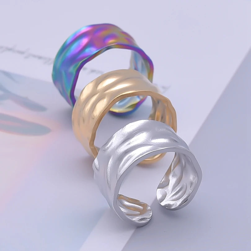 1/2/3pcs Mix Color Chunky Wide Ring Open Stainless Steel Rings For Women Men Accessories Irregular Surface Kpop Fashion Jewelry