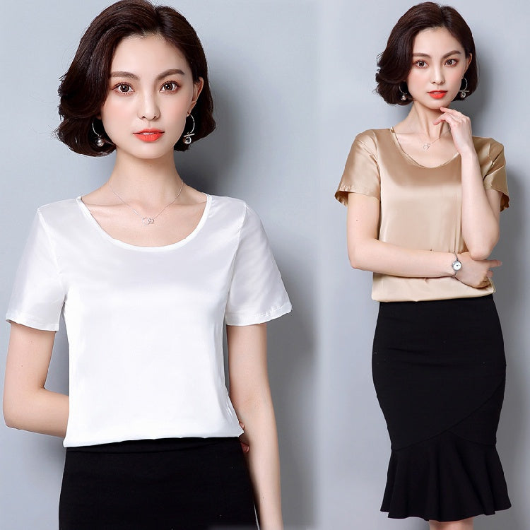 New outer wear silk round neck sling top satin short-sleeved stretch T-shirt large size bottoming shirt women