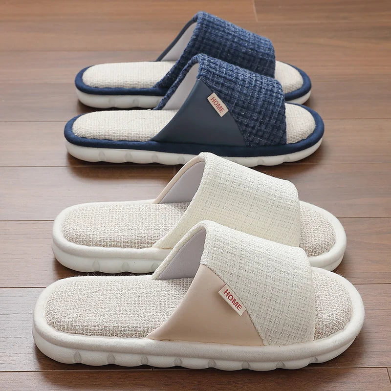 Couples Home Linen Slippers Women Indoor Soft Comfortable Bedroom Slides Men Leisure Non Slip House Shoes Platform Cotton Flats