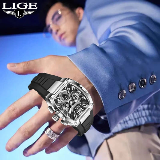 LIGE Fashion Simple Man Watch Casual Sports Military Waterproof Silicone Strap Luminous Quartz Watches for Men Chronograph Gifts