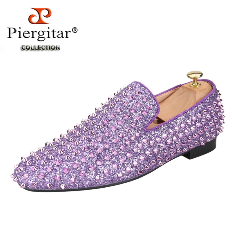 Piergitar Handmade Purple Spikes Men's Loafers For Party and Banquet Wear CL Same Classic Model Red Outsole Slip-On Flats