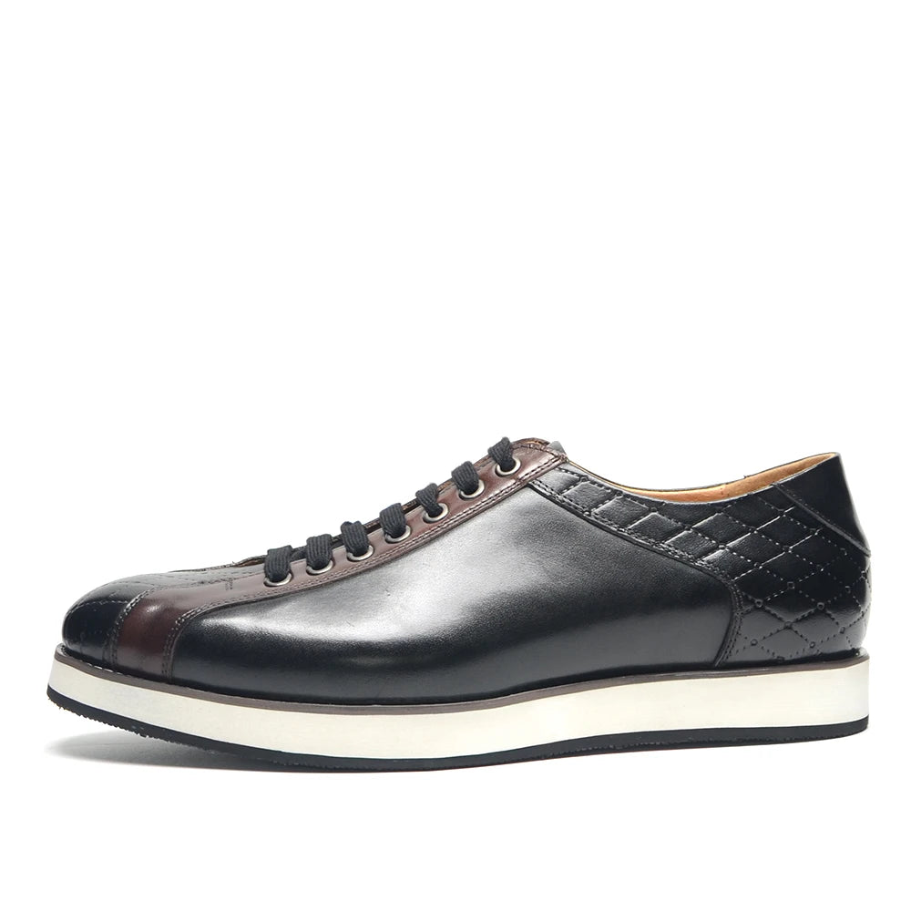 European Style Genuine Leather Men's Casual Shoes Luxury Plaid Business Social Black Flat Lace-Up Sneaker Shoes for Man