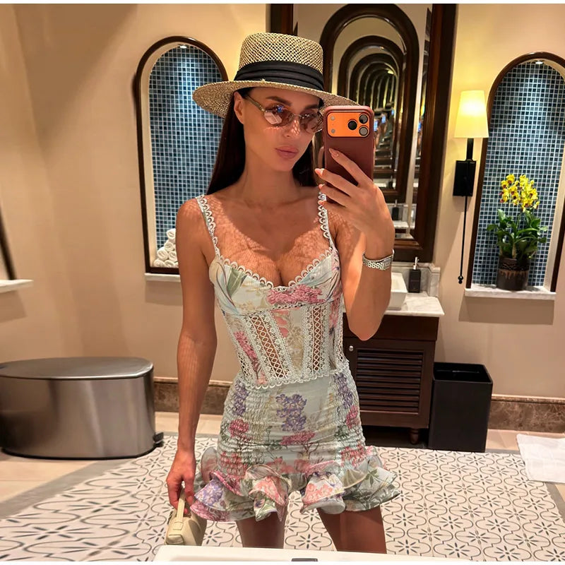 Floral Print Women Mini Skirt Set Lace Sleeveless Hollow Out Cami Shirred Waist Ruffle Hem Short Skirts 2026 Summer Chic Suit