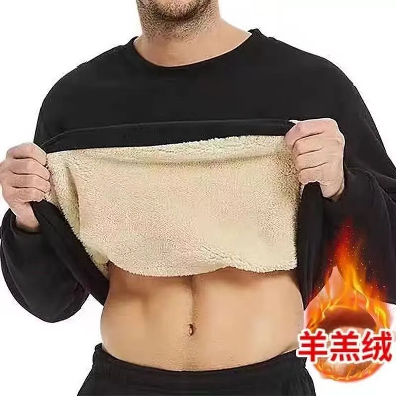 Men's wool lined autumn and winter warm T-shirt warm underwear round neck pullover sweatshirt thick long sleeved top
