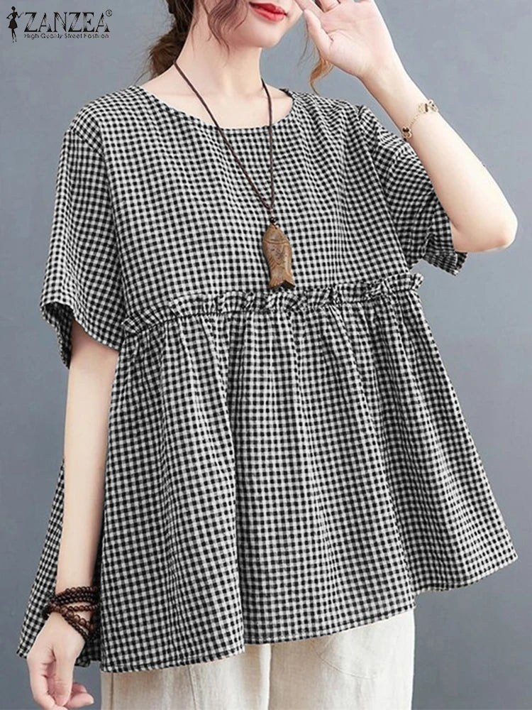 2025 ZANZEA Women Plaid Checked Blouse Summer Casual O Neck Short Sleeve Blusas Loose Tops Stylish Ruffled Work Shirt Oversize