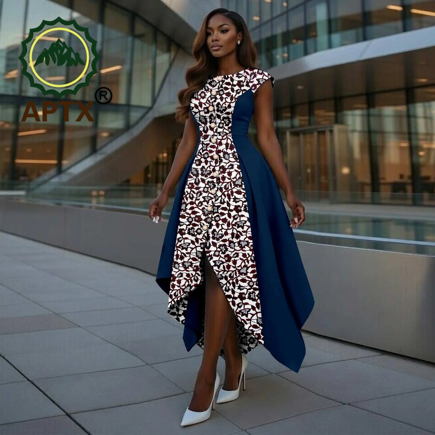 African Dress for Women Ankara Print O-Neck Short sleeve Ankle-Length Patchwork Asymmetrical Dress Dashiki Casual Party