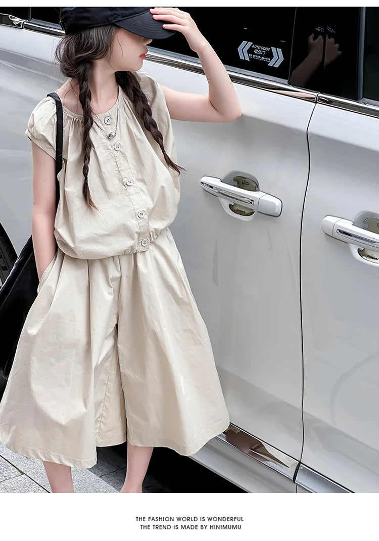 2025 Girls Summer Casual Outfit Big Kids Short Sleeve Top Capris Pants Two Piece Set Matching Big Kids Fashion Suit Holiday Wear