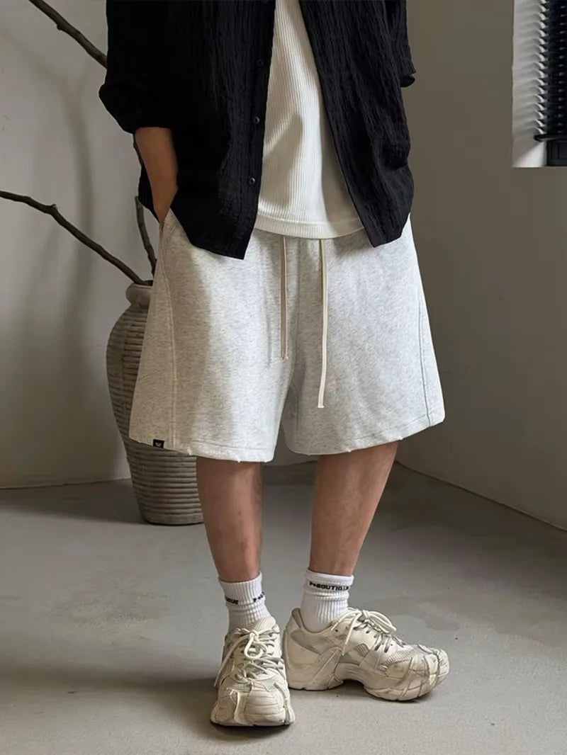 Mens Summer Casual Shorts Loose Fit Elastic Waist Drawstring Streetwear Sweatpants Hip Hop Shorts Knee Length Straight Trousers