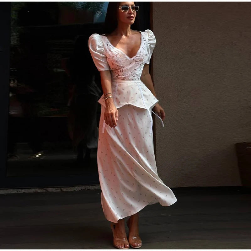 Lace Trim Satin Peplum Midi Dress Deep V-Neck Puff Sleeve A-Line 2026 Spring Summer Chic Elegant Romantic Women Cocktail Dress