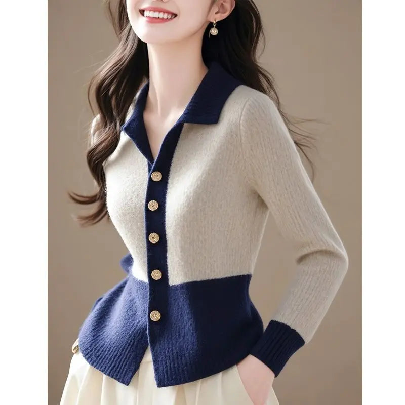 2024 Patchwork New Autumn Winter Polo Knitting Cardigan Sweater Coat Fashion All-match Long Sleeve Temperament Top Tee Women's