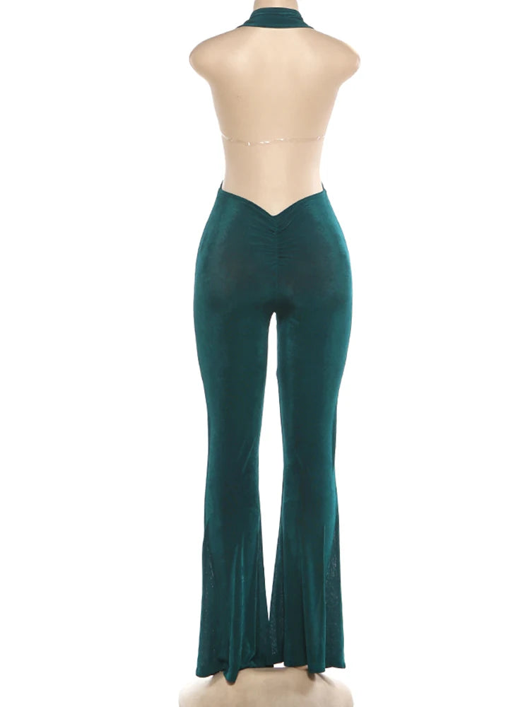 Kliou Sexy Fashion Flared Jumpsuits Woman Halter Open Collar Backless Sleeveless Skinny Peach Hip Midnight Club Party Overalls