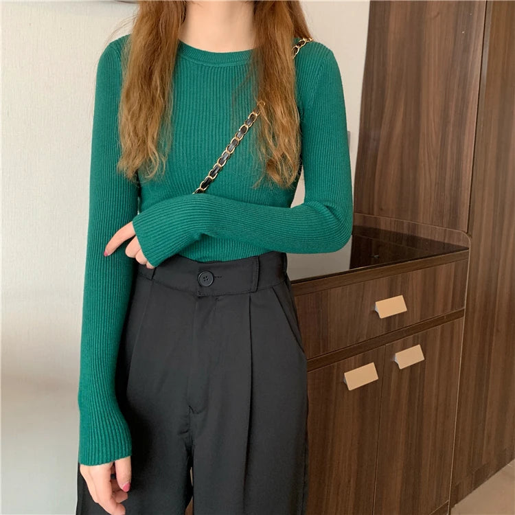 2026 New Women Sweater Autumn Winter Long Sleeve Pullover Basic Top Fashion O-neck Elastic Female Winter Solid Knitted Jumper