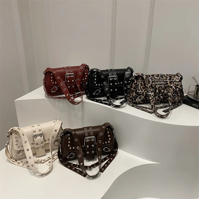 Shoulder Bag for Women Punk Style Purse PU Leather Rock Fashion Handbags with Rivet Small Trendy Armpit Purse