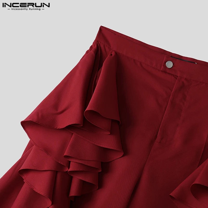 INCERUN 2025 American Style Trousers Fashion New Men Double-layer Flounce Pants Male Casual Solid Color Wide Leg Pantalons S-5XL