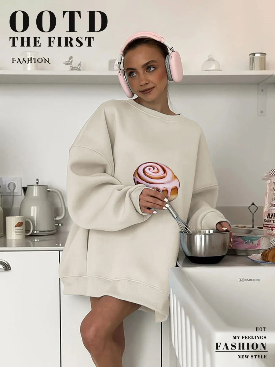Sumuyoo Cake Printed Pullover Women's New Autumn Winter Plush Loose Slimming Long Sleeves Sweatshirts O-neck Pullover Hoodie