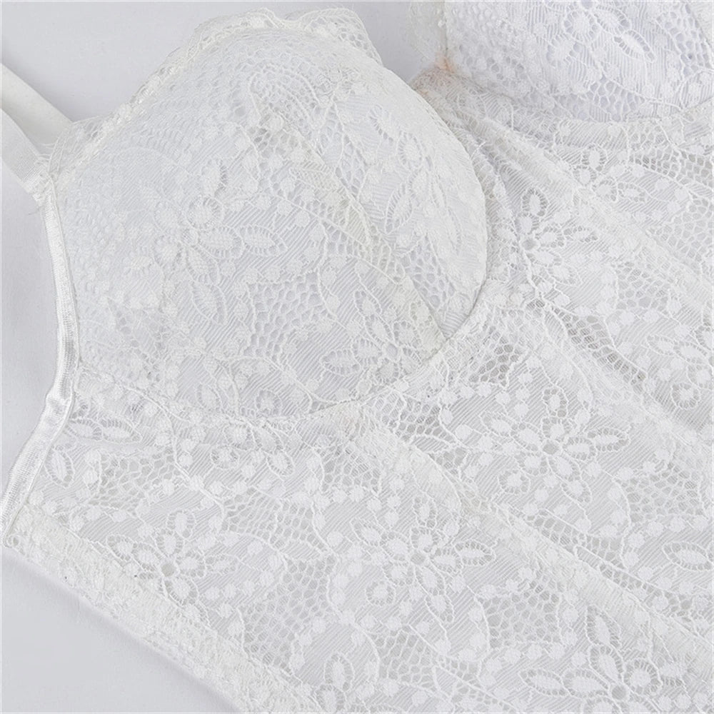 Women Corset Lace Fish Bone Bustier Vest Sexy Mesh Breathable Crop Top White Spaghetti Strap Lace Bra Burlesque Lingerie