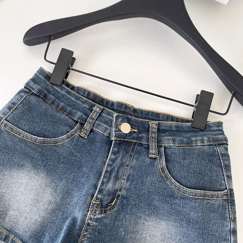 American Style Retro Blue Denim Shorts Women Summer Slim Fit Elastic Low-Waisted Jean Shorts Sexy Package Hip Tight Shorts Jeans
