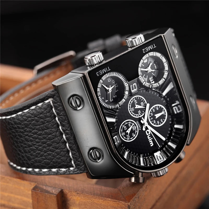 Oulm Top Men's Watches Mens Quartz Casual Leather Strap Wristwatch Sports Man Multi-Time Zone Military Male Watch Clock Relogios