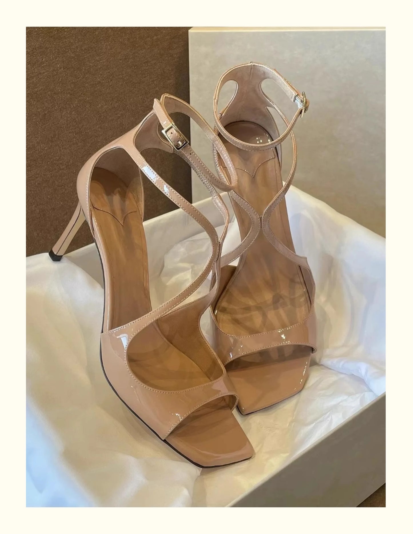 2025 European and American Women's New Square Toe Sandals Summer Nude Patent Leather Stiletto Sexy High Heels