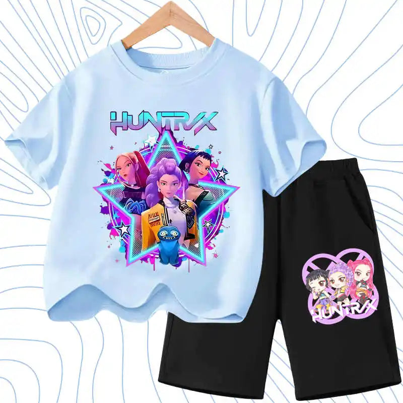 Kids Fashion Outfits Teen Children's O Neck Short Sleeve Tops Shorts 2pcs Summer Girls Casual T Shirt Sets K POP Cartoon Printed