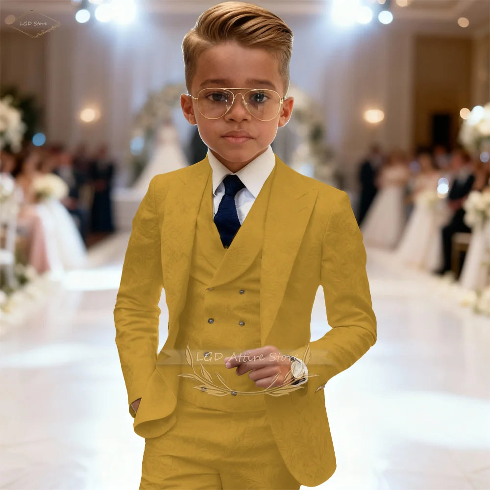 Kids Boys 3 Piece Intricate Jacquard Texture Blazer Suit Vest Trousers Elegant Gentleman Wedding Ceremony Formal Dress